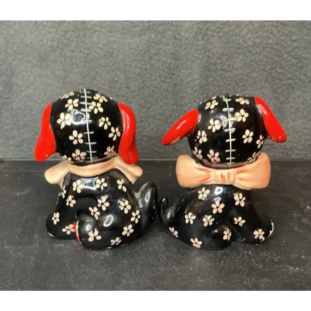 Vintage Precious Lefton Black Calico Puppy Salt & Pepper Shakers